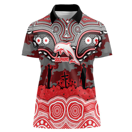 ANZAC Day Dolphins Women Polo Shirt Military Memorial Aboriginal Indigenous Art