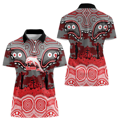 ANZAC Day Dolphins Women Polo Shirt Military Memorial Aboriginal Indigenous Art
