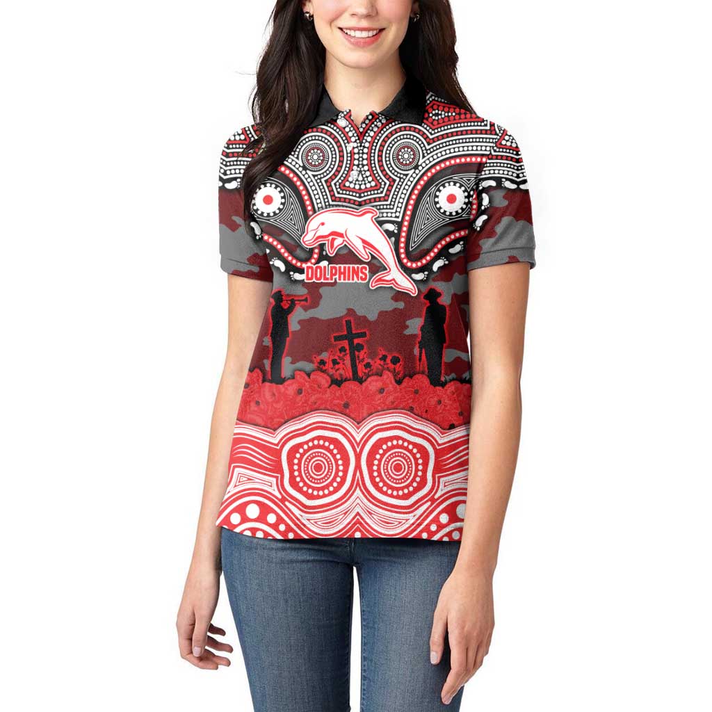 ANZAC Day Dolphins Women Polo Shirt Military Memorial Aboriginal Indigenous Art