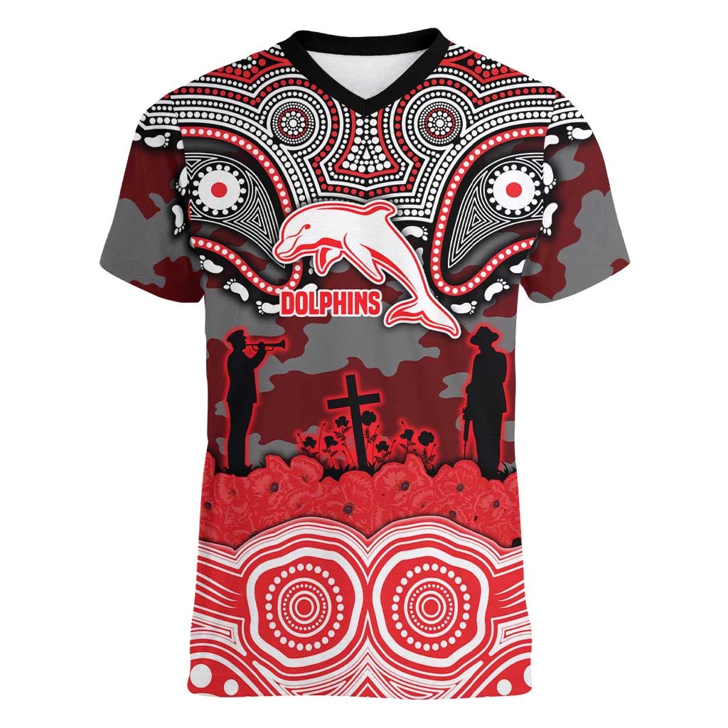 ANZAC Day Dolphins Women V-Neck T-Shirt Military Memorial Aboriginal Indigenous Art