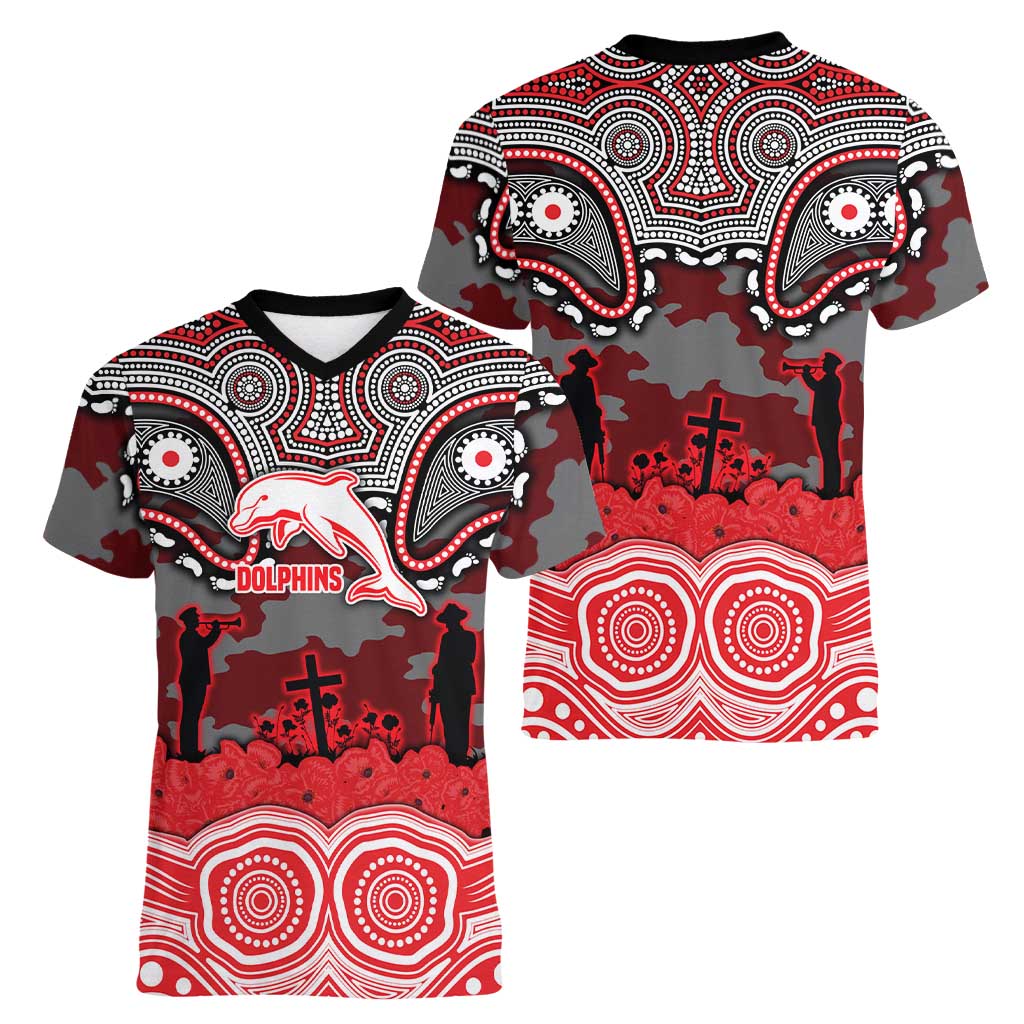 ANZAC Day Dolphins Women V-Neck T-Shirt Military Memorial Aboriginal Indigenous Art