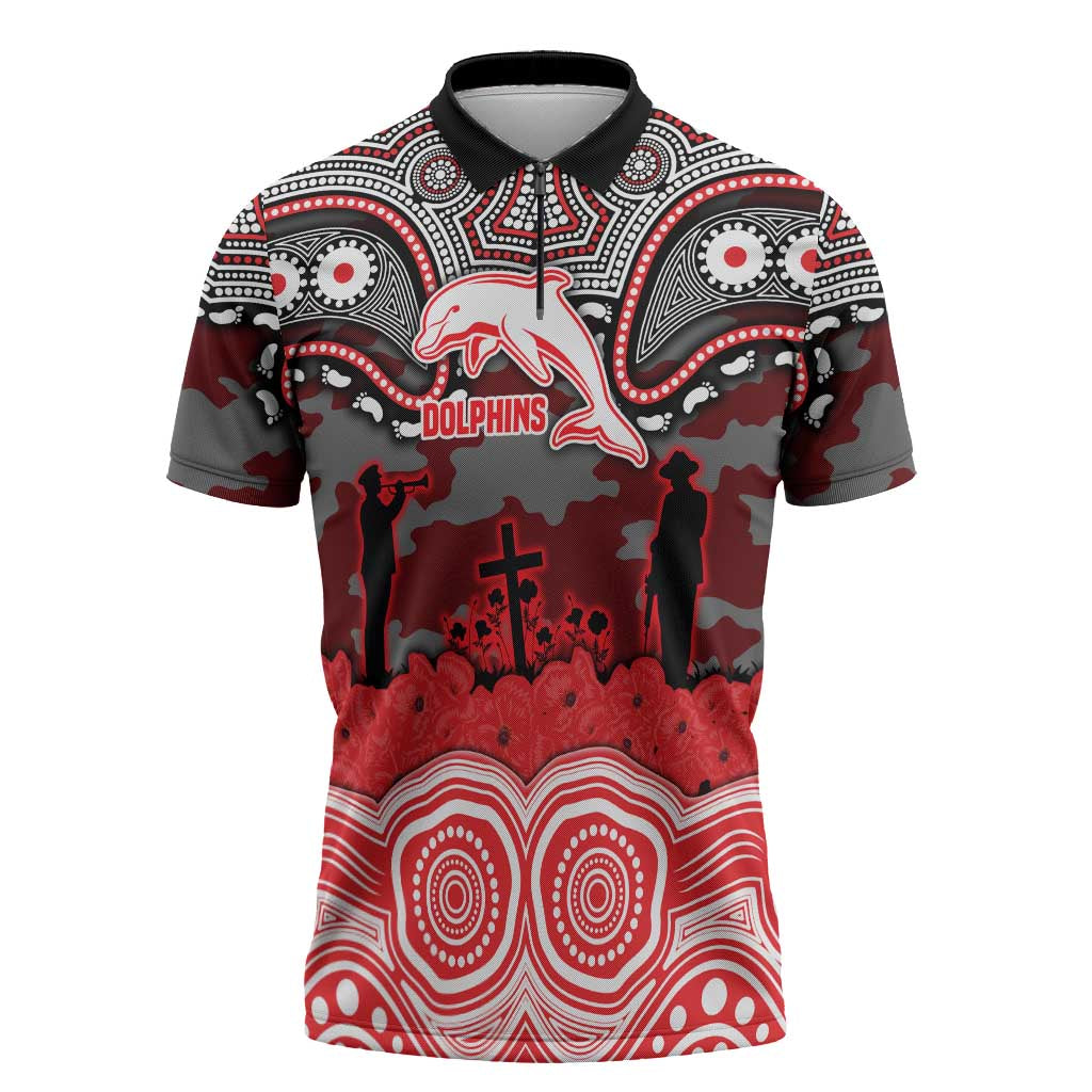 ANZAC Day Dolphins Zipper Polo Shirt Military Memorial Aboriginal Indigenous Art