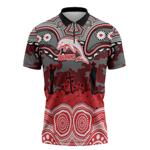 ANZAC Day Dolphins Zipper Polo Shirt Military Memorial Aboriginal Indigenous Art
