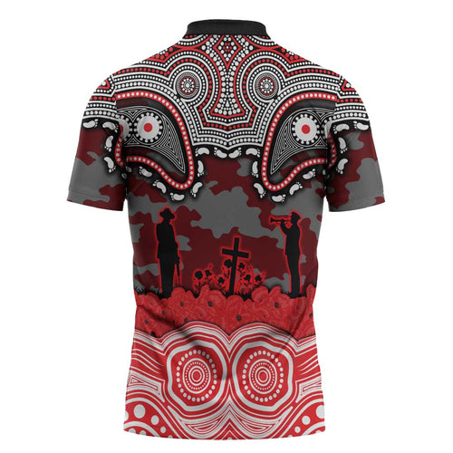 ANZAC Day Dolphins Zipper Polo Shirt Military Memorial Aboriginal Indigenous Art