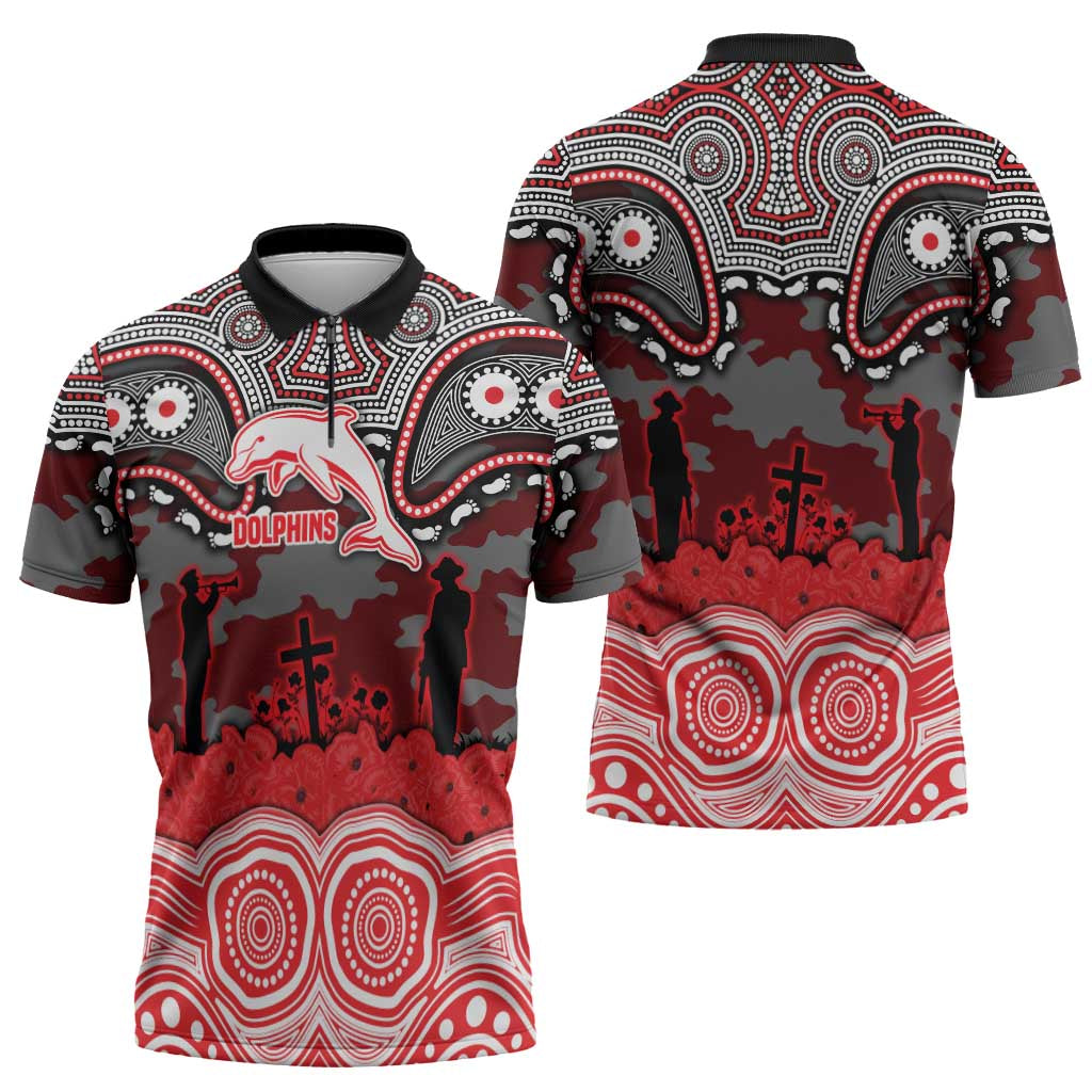 ANZAC Day Dolphins Zipper Polo Shirt Military Memorial Aboriginal Indigenous Art