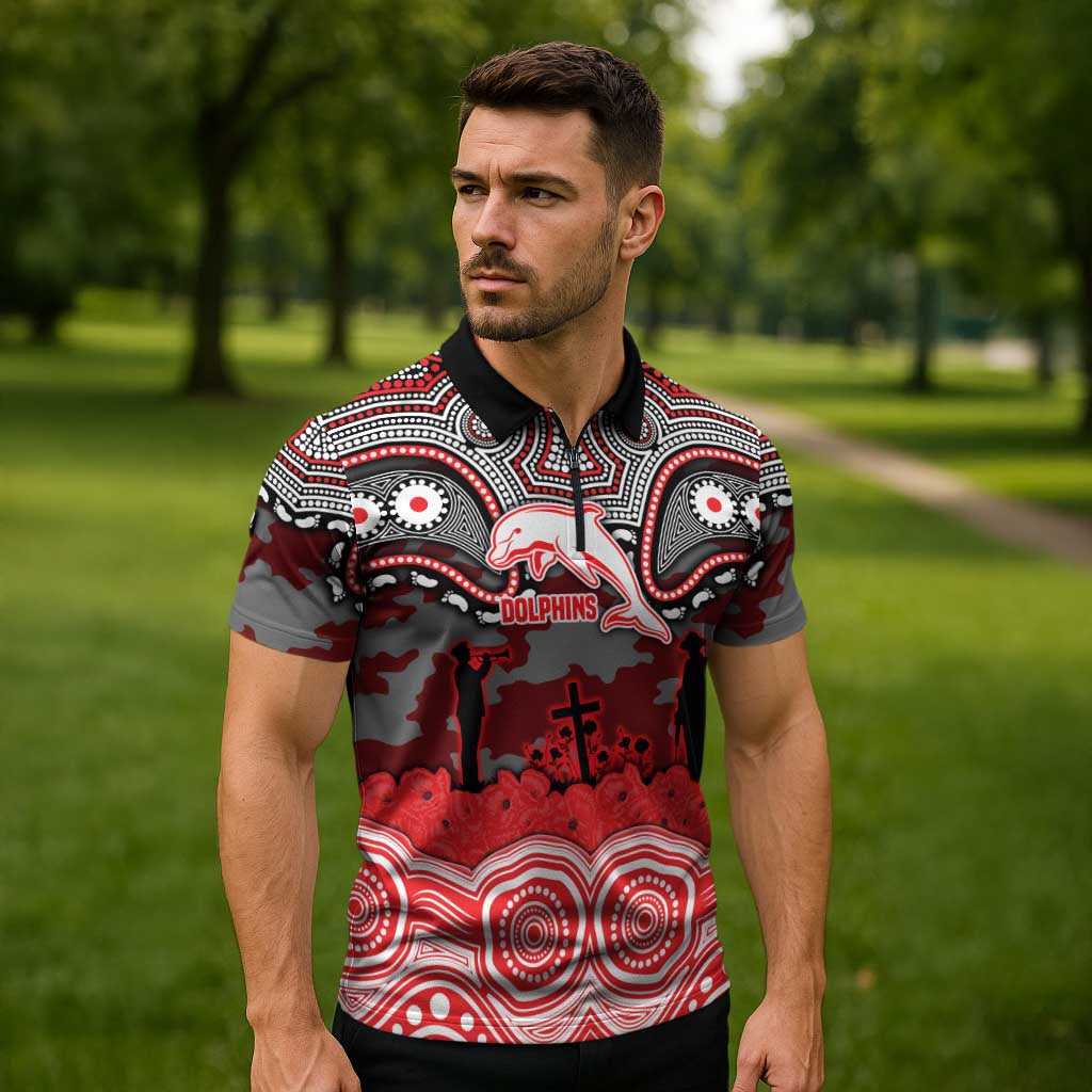 ANZAC Day Dolphins Zipper Polo Shirt Military Memorial Aboriginal Indigenous Art