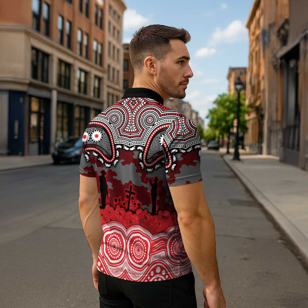 ANZAC Day Dolphins Zipper Polo Shirt Military Memorial Aboriginal Indigenous Art