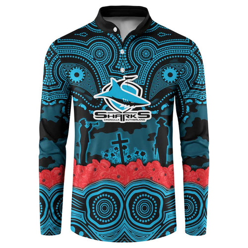 ANZAC Day Cronulla Sutherland Sharks Button Sweatshirt Military Memorial Aboriginal Indigenous Art