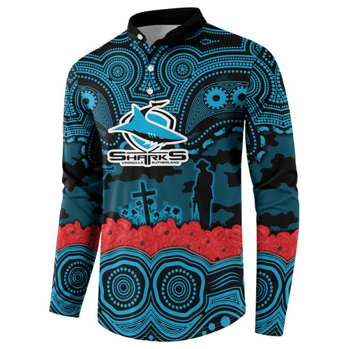 ANZAC Day Cronulla Sutherland Sharks Button Sweatshirt Military Memorial Aboriginal Indigenous Art