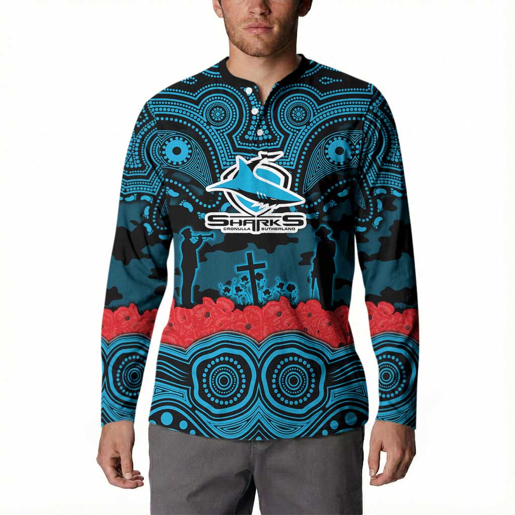 ANZAC Day Cronulla Sutherland Sharks Button Sweatshirt Military Memorial Aboriginal Indigenous Art