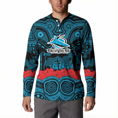 ANZAC Day Cronulla Sutherland Sharks Button Sweatshirt Military Memorial Aboriginal Indigenous Art