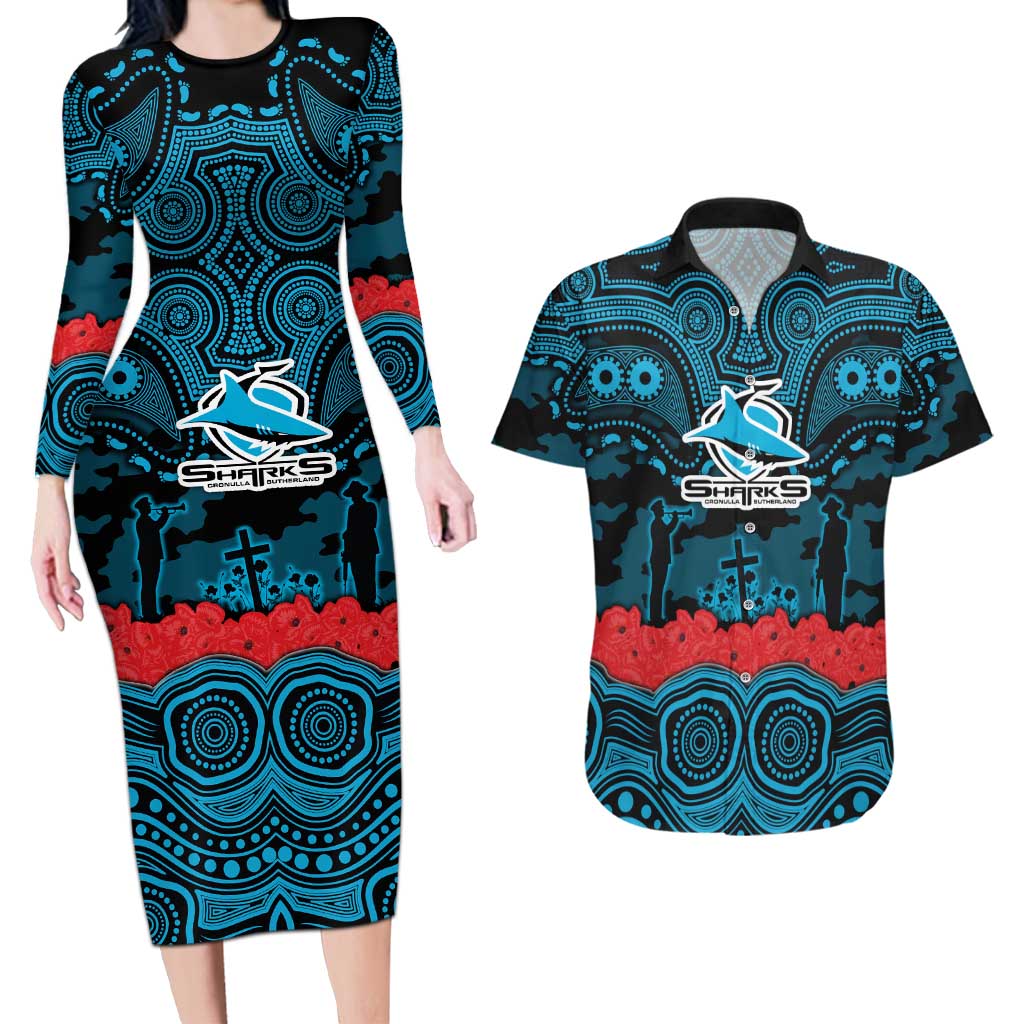 ANZAC Day Cronulla Sutherland Sharks Couples Matching Long Sleeve Bodycon Dress and Hawaiian Shirt Military Memorial Aboriginal Indigenous Art
