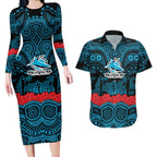 ANZAC Day Cronulla Sutherland Sharks Couples Matching Long Sleeve Bodycon Dress and Hawaiian Shirt Military Memorial Aboriginal Indigenous Art