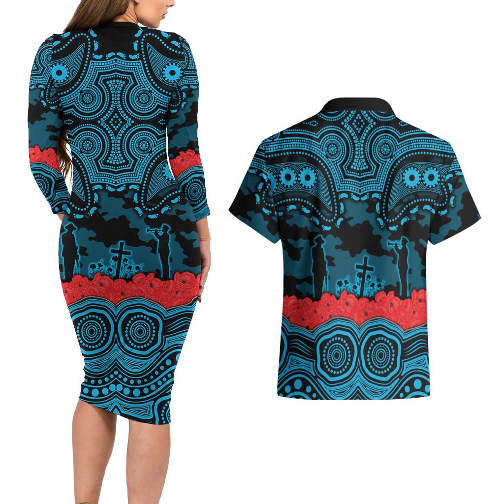 ANZAC Day Cronulla Sutherland Sharks Couples Matching Long Sleeve Bodycon Dress and Hawaiian Shirt Military Memorial Aboriginal Indigenous Art