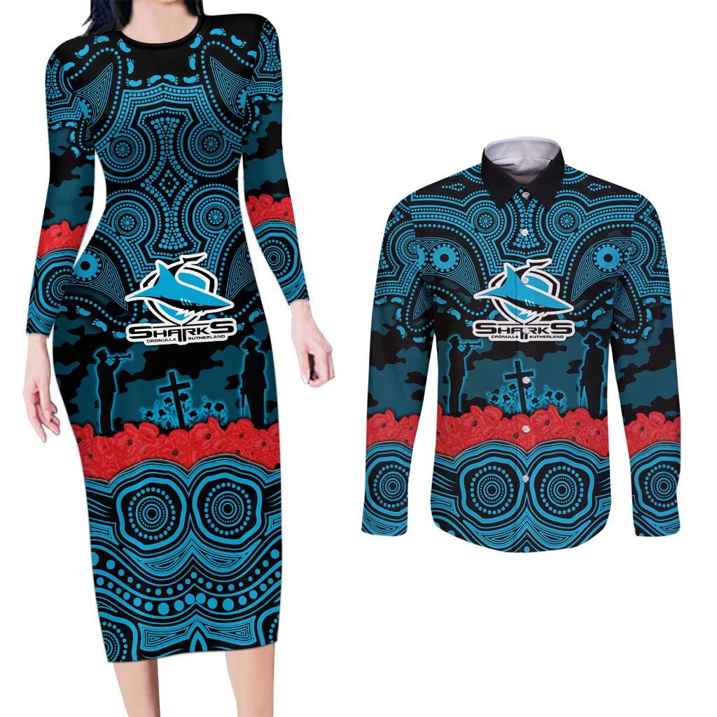 ANZAC Day Cronulla Sutherland Sharks Couples Matching Long Sleeve Bodycon Dress and Long Sleeve Button Shirt Military Memorial Aboriginal Indigenous Art