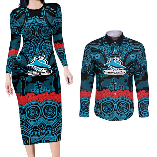 ANZAC Day Cronulla Sutherland Sharks Couples Matching Long Sleeve Bodycon Dress and Long Sleeve Button Shirt Military Memorial Aboriginal Indigenous Art