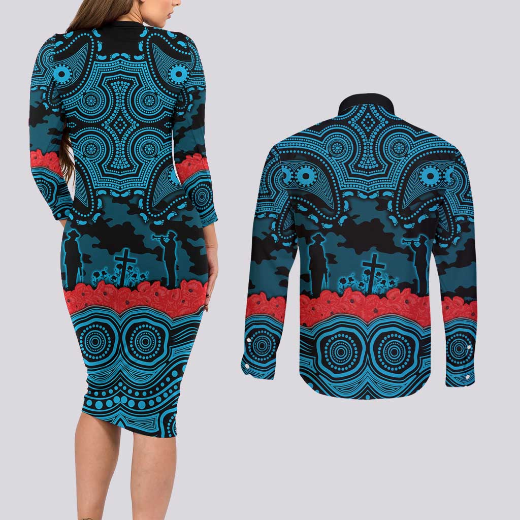 ANZAC Day Cronulla Sutherland Sharks Couples Matching Long Sleeve Bodycon Dress and Long Sleeve Button Shirt Military Memorial Aboriginal Indigenous Art