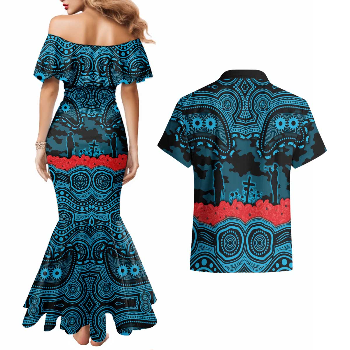 ANZAC Day Cronulla Sutherland Sharks Couples Matching Mermaid Dress and Hawaiian Shirt Military Memorial Aboriginal Indigenous Art