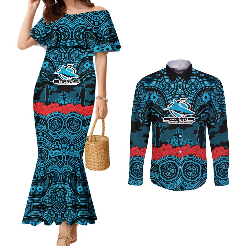 ANZAC Day Cronulla Sutherland Sharks Couples Matching Mermaid Dress and Long Sleeve Button Shirt Military Memorial Aboriginal Indigenous Art