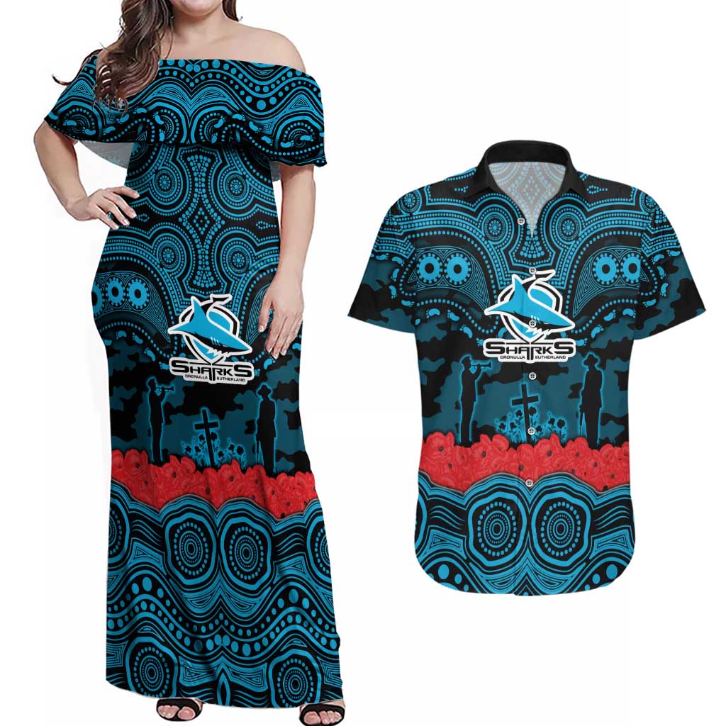 ANZAC Day Cronulla Sutherland Sharks Couples Matching Off Shoulder Maxi Dress and Hawaiian Shirt Military Memorial Aboriginal Indigenous Art
