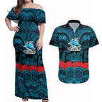 ANZAC Day Cronulla Sutherland Sharks Couples Matching Off Shoulder Maxi Dress and Hawaiian Shirt Military Memorial Aboriginal Indigenous Art