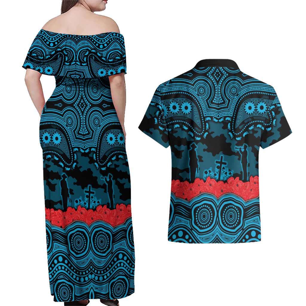 ANZAC Day Cronulla Sutherland Sharks Couples Matching Off Shoulder Maxi Dress and Hawaiian Shirt Military Memorial Aboriginal Indigenous Art