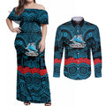 ANZAC Day Cronulla Sutherland Sharks Couples Matching Off Shoulder Maxi Dress and Long Sleeve Button Shirt Military Memorial Aboriginal Indigenous Art