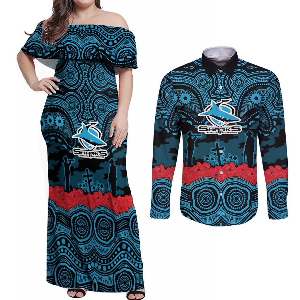 ANZAC Day Cronulla Sutherland Sharks Couples Matching Off Shoulder Maxi Dress and Long Sleeve Button Shirt Military Memorial Aboriginal Indigenous Art