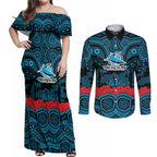 ANZAC Day Cronulla Sutherland Sharks Couples Matching Off Shoulder Maxi Dress and Long Sleeve Button Shirt Military Memorial Aboriginal Indigenous Art