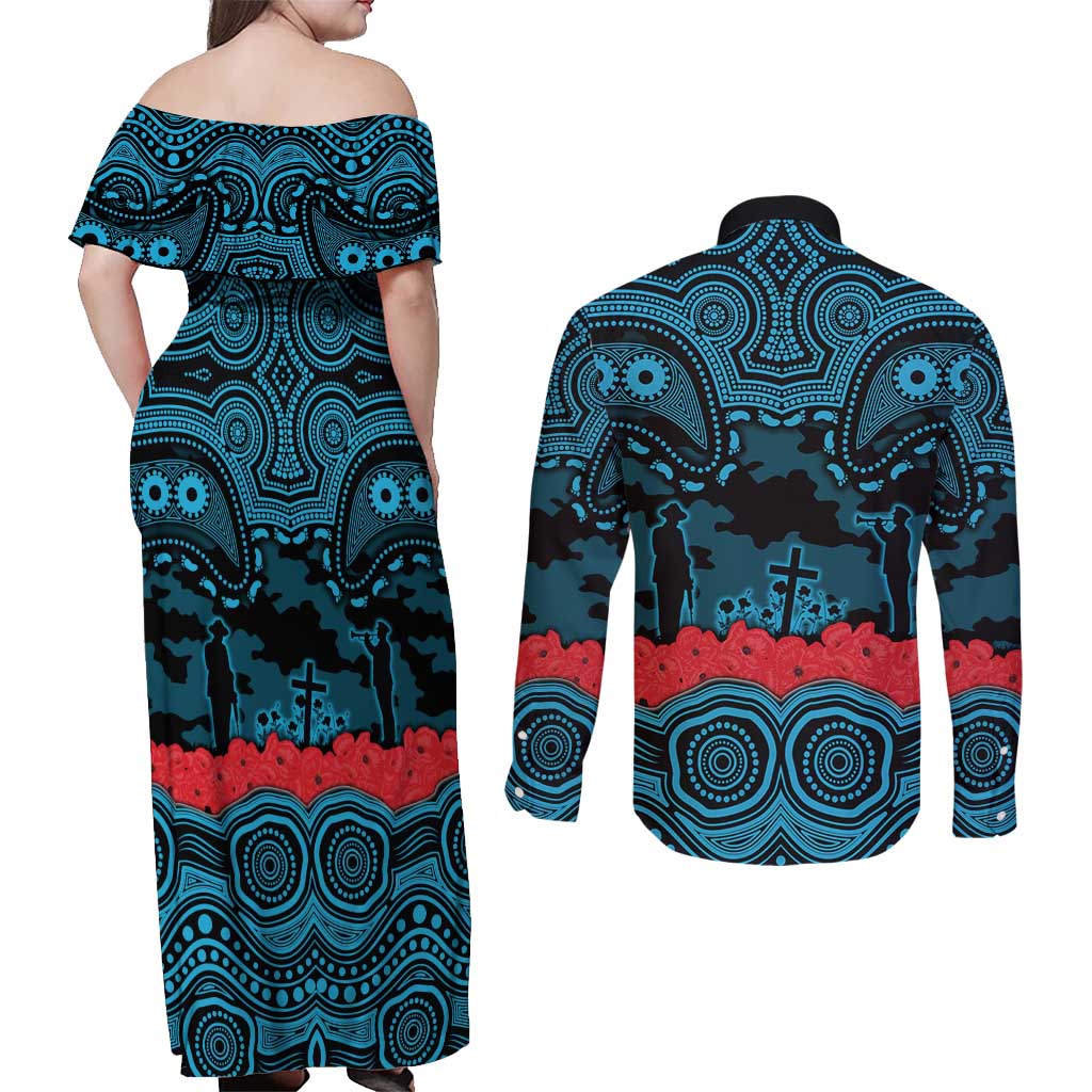 ANZAC Day Cronulla Sutherland Sharks Couples Matching Off Shoulder Maxi Dress and Long Sleeve Button Shirt Military Memorial Aboriginal Indigenous Art