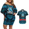 ANZAC Day Cronulla Sutherland Sharks Couples Matching Off Shoulder Short Dress and Hawaiian Shirt Military Memorial Aboriginal Indigenous Art