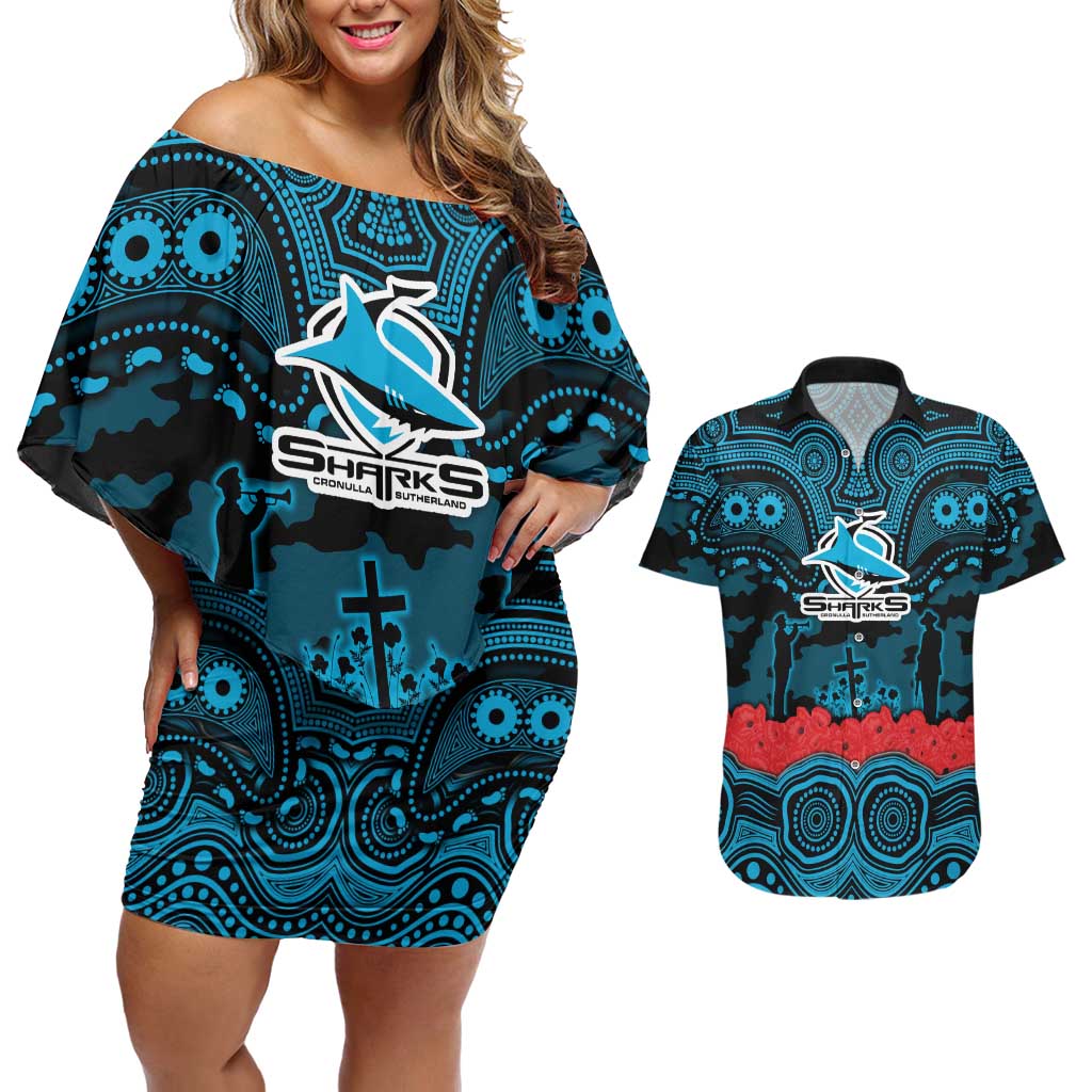 ANZAC Day Cronulla Sutherland Sharks Couples Matching Off Shoulder Short Dress and Hawaiian Shirt Military Memorial Aboriginal Indigenous Art