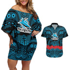 ANZAC Day Cronulla Sutherland Sharks Couples Matching Off Shoulder Short Dress and Hawaiian Shirt Military Memorial Aboriginal Indigenous Art