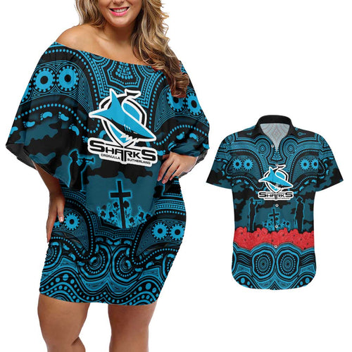 ANZAC Day Cronulla Sutherland Sharks Couples Matching Off Shoulder Short Dress and Hawaiian Shirt Military Memorial Aboriginal Indigenous Art