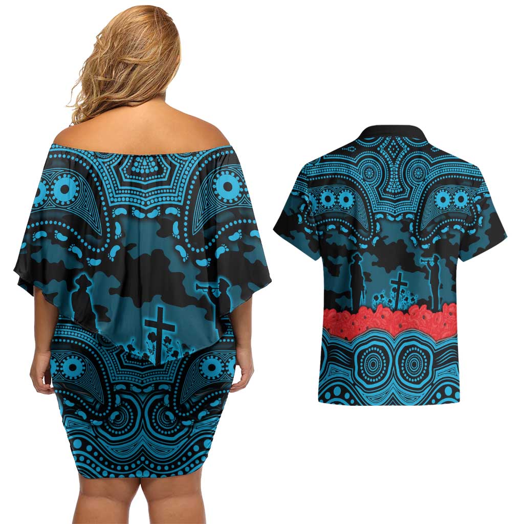 ANZAC Day Cronulla Sutherland Sharks Couples Matching Off Shoulder Short Dress and Hawaiian Shirt Military Memorial Aboriginal Indigenous Art