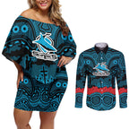ANZAC Day Cronulla Sutherland Sharks Couples Matching Off Shoulder Short Dress and Long Sleeve Button Shirt Military Memorial Aboriginal Indigenous Art