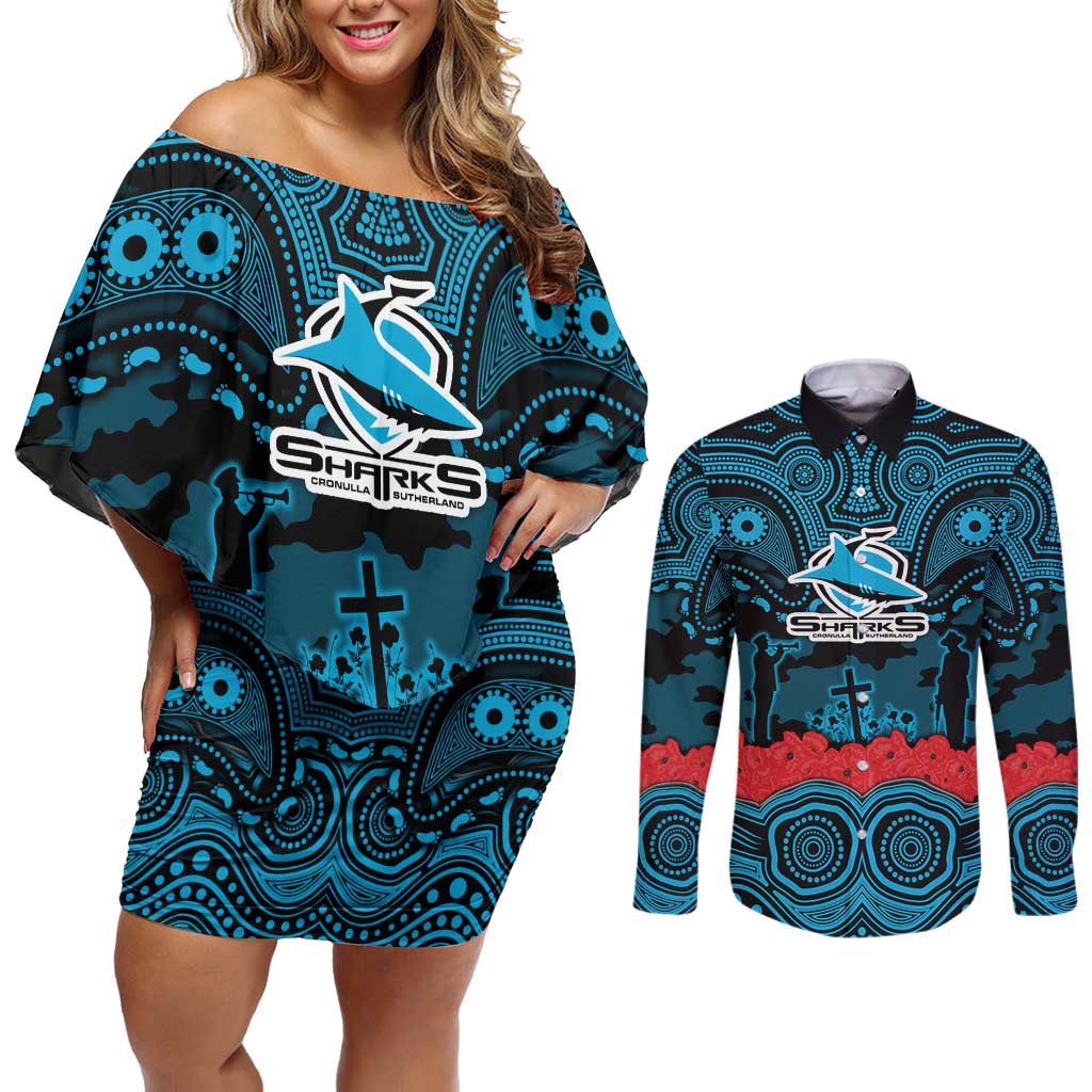ANZAC Day Cronulla Sutherland Sharks Couples Matching Off Shoulder Short Dress and Long Sleeve Button Shirt Military Memorial Aboriginal Indigenous Art