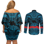 ANZAC Day Cronulla Sutherland Sharks Couples Matching Off Shoulder Short Dress and Long Sleeve Button Shirt Military Memorial Aboriginal Indigenous Art