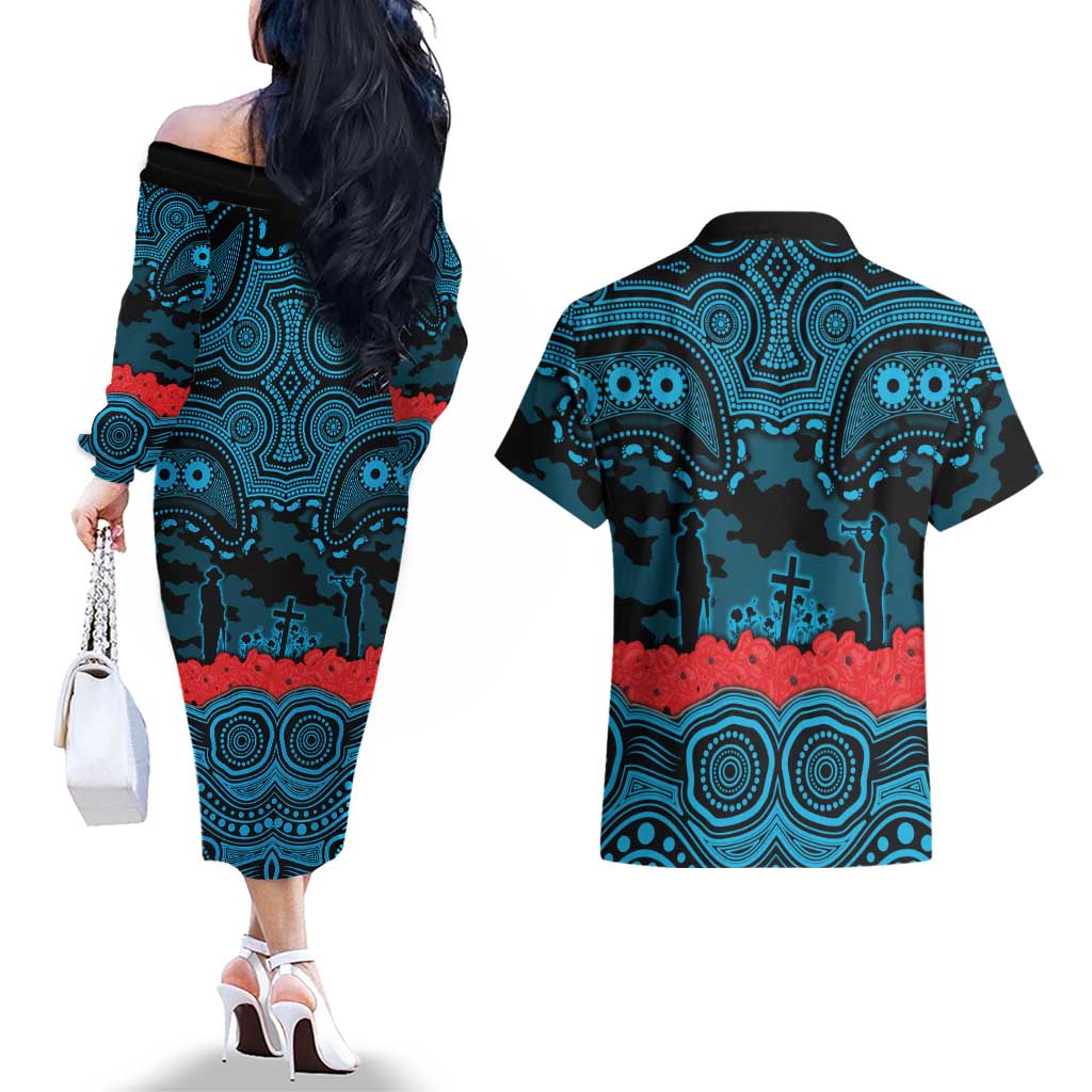 ANZAC Day Cronulla Sutherland Sharks Couples Matching Off The Shoulder Long Sleeve Dress and Hawaiian Shirt Military Memorial Aboriginal Indigenous Art