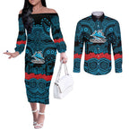 ANZAC Day Cronulla Sutherland Sharks Couples Matching Off The Shoulder Long Sleeve Dress and Long Sleeve Button Shirt Military Memorial Aboriginal Indigenous Art