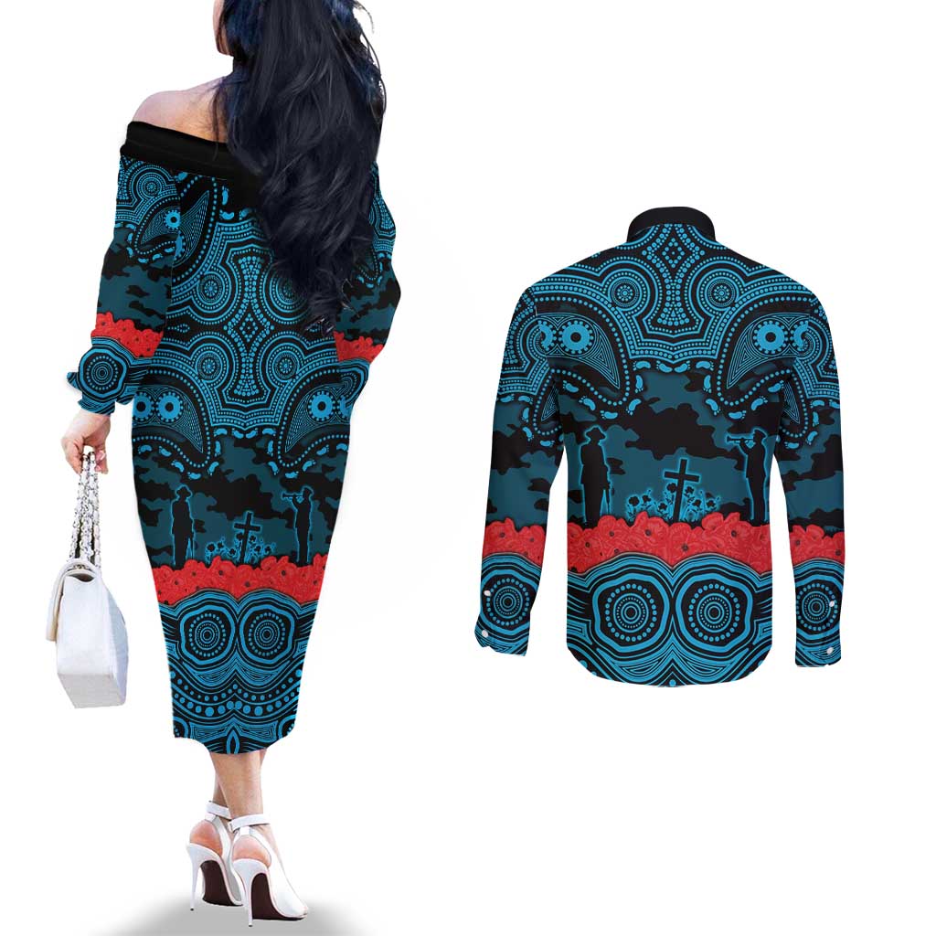 ANZAC Day Cronulla Sutherland Sharks Couples Matching Off The Shoulder Long Sleeve Dress and Long Sleeve Button Shirt Military Memorial Aboriginal Indigenous Art