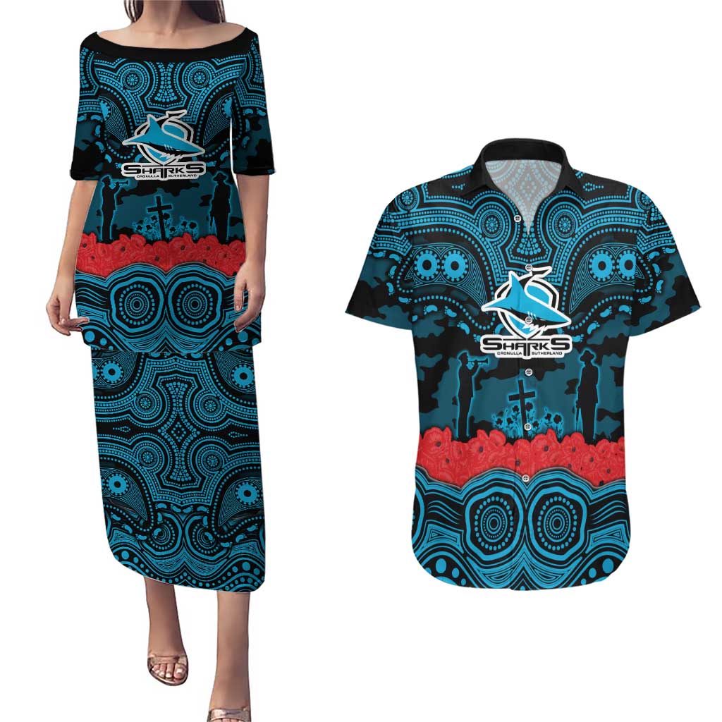 ANZAC Day Cronulla Sutherland Sharks Couples Matching Puletasi and Hawaiian Shirt Military Memorial Aboriginal Indigenous Art