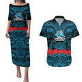 ANZAC Day Cronulla Sutherland Sharks Couples Matching Puletasi and Hawaiian Shirt Military Memorial Aboriginal Indigenous Art