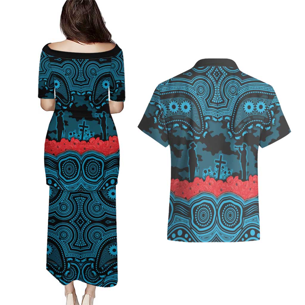 ANZAC Day Cronulla Sutherland Sharks Couples Matching Puletasi and Hawaiian Shirt Military Memorial Aboriginal Indigenous Art