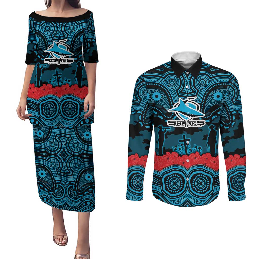 ANZAC Day Cronulla Sutherland Sharks Couples Matching Puletasi and Long Sleeve Button Shirt Military Memorial Aboriginal Indigenous Art