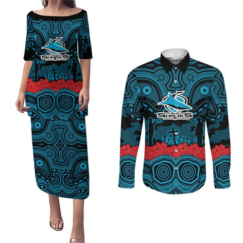 ANZAC Day Cronulla Sutherland Sharks Couples Matching Puletasi and Long Sleeve Button Shirt Military Memorial Aboriginal Indigenous Art