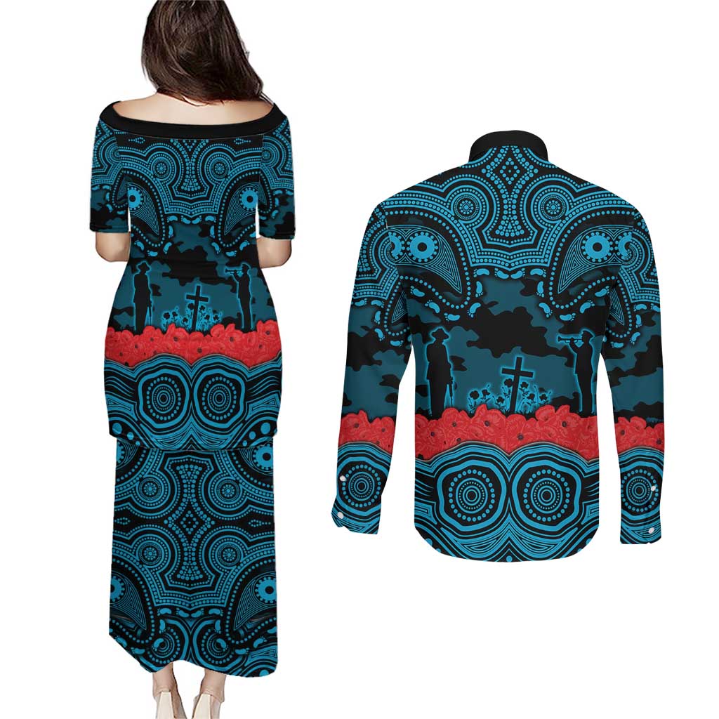 ANZAC Day Cronulla Sutherland Sharks Couples Matching Puletasi and Long Sleeve Button Shirt Military Memorial Aboriginal Indigenous Art