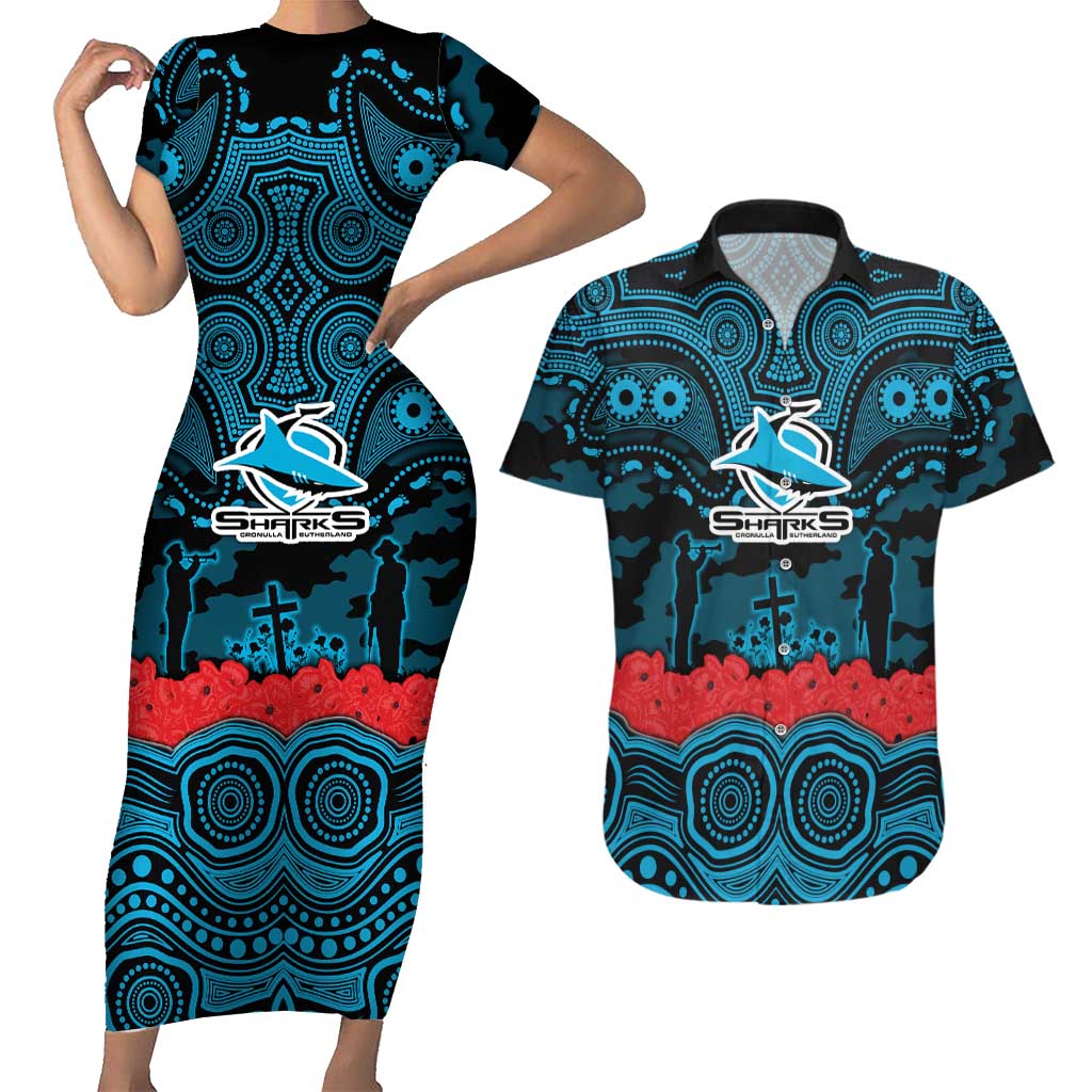 ANZAC Day Cronulla Sutherland Sharks Couples Matching Short Sleeve Bodycon Dress and Hawaiian Shirt Military Memorial Aboriginal Indigenous Art