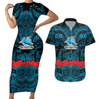 ANZAC Day Cronulla Sutherland Sharks Couples Matching Short Sleeve Bodycon Dress and Hawaiian Shirt Military Memorial Aboriginal Indigenous Art
