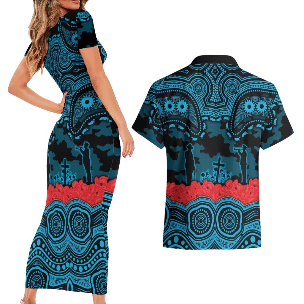 ANZAC Day Cronulla Sutherland Sharks Couples Matching Short Sleeve Bodycon Dress and Hawaiian Shirt Military Memorial Aboriginal Indigenous Art